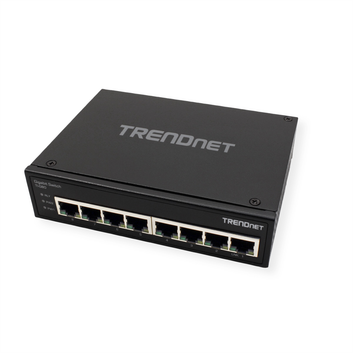 Schwarzer TRENDnet Gigabit Switch mit Anschlüssen und Beschriftungen auf weißem Untergrund.