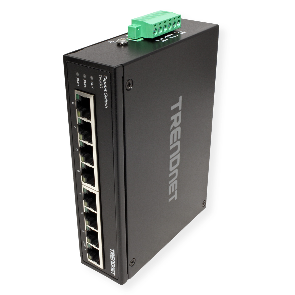 Schwarzer TRENDnet Gigabit Switch. Es hat mehrere Anschlüsse und einen grünen Stecker oben mit dem TRENDnet-Logo rechts.
