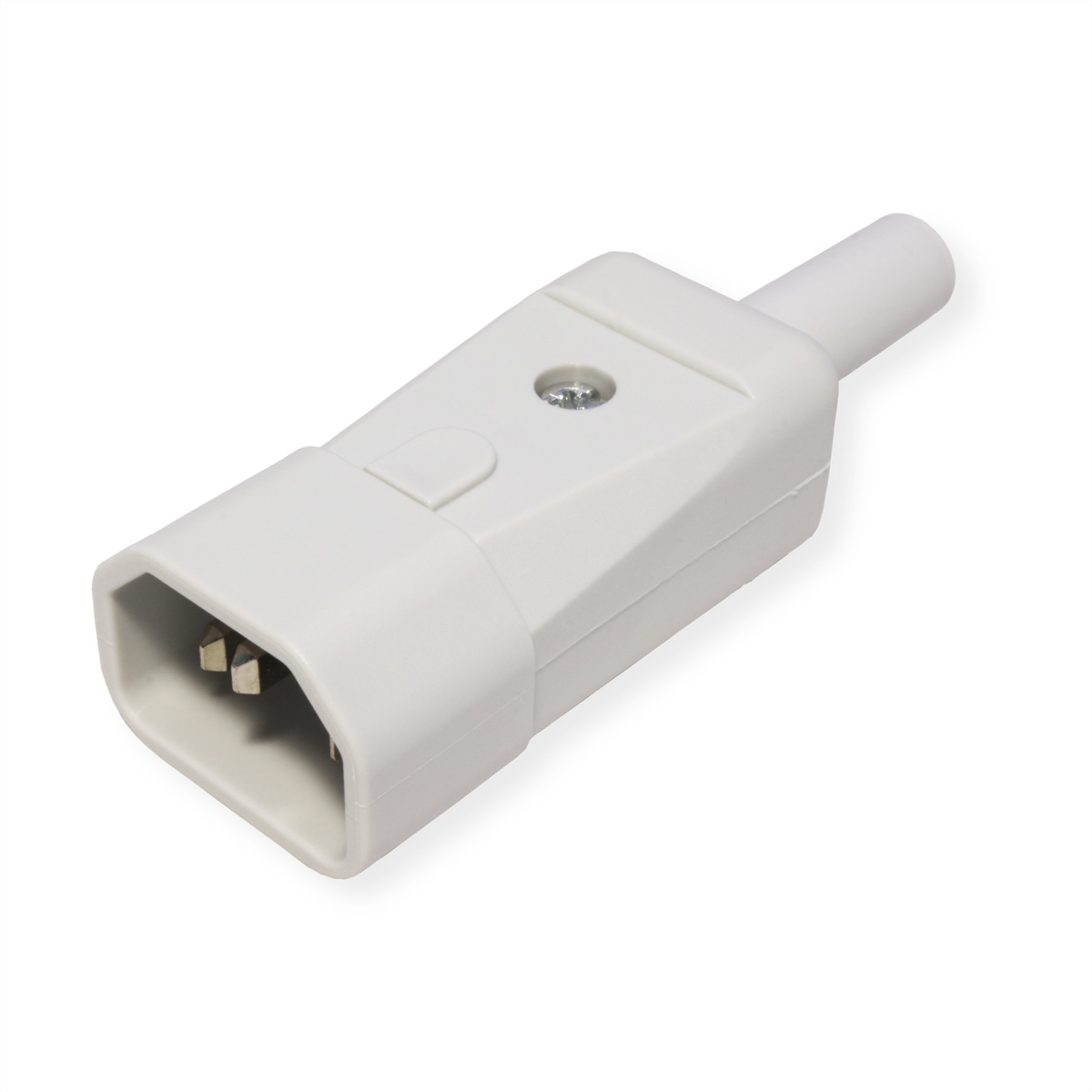 Weißer Netzstecker mit drei Stiften. Der Stecker wird aus einem Winkel betrachtet.