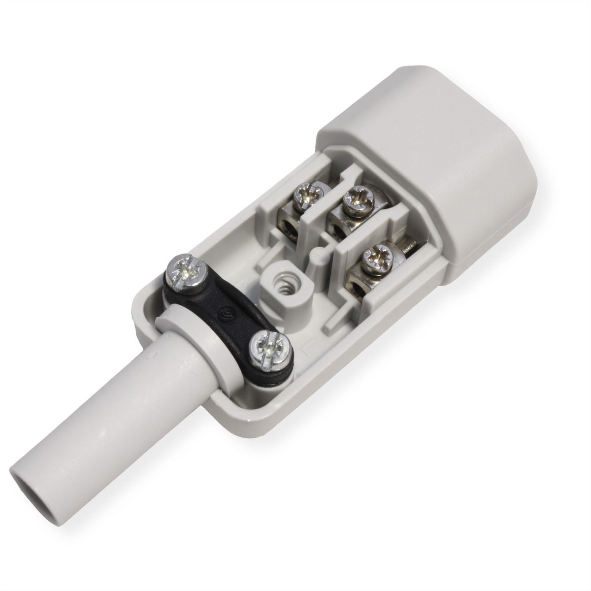 Ein weißer elektrischer Stecker mit Innenschrauben und einem grauen Kabel. Weißer Hintergrund.