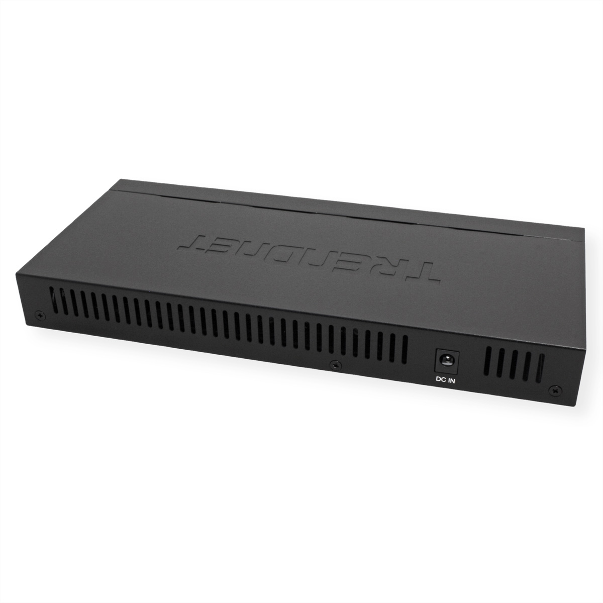 Commutateur réseau TRENDnet noir avec port DC IN et évents. Vue en angle sur fond blanc.