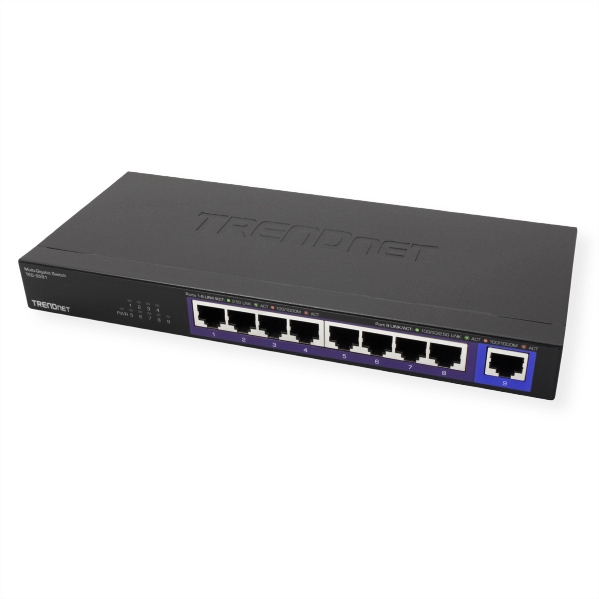 Un commutateur réseau TRENDnet noir avec 8 ports.