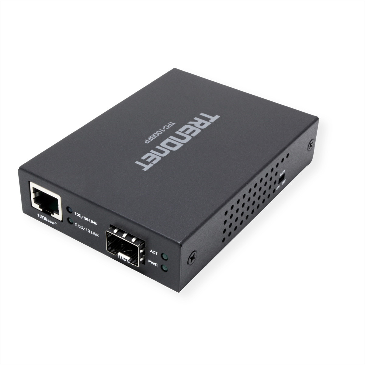 Appareil réseau TRENDnet noir avec ports et étiquettes, fond blanc.