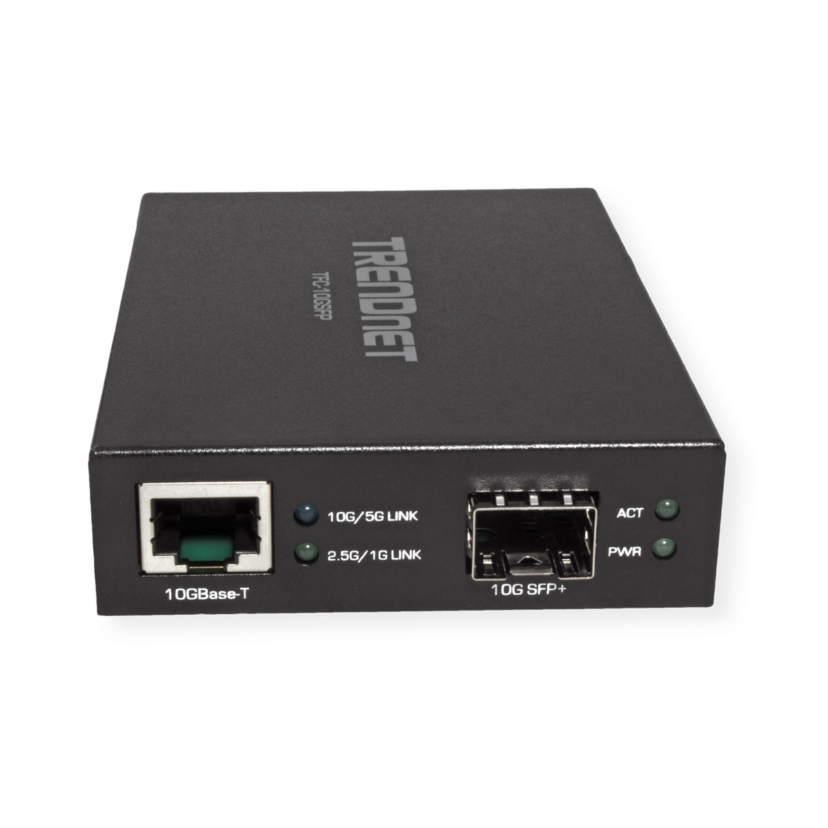 Appareil réseau TRENDnet noir avec ports et indicateurs LED. Fond blanc.