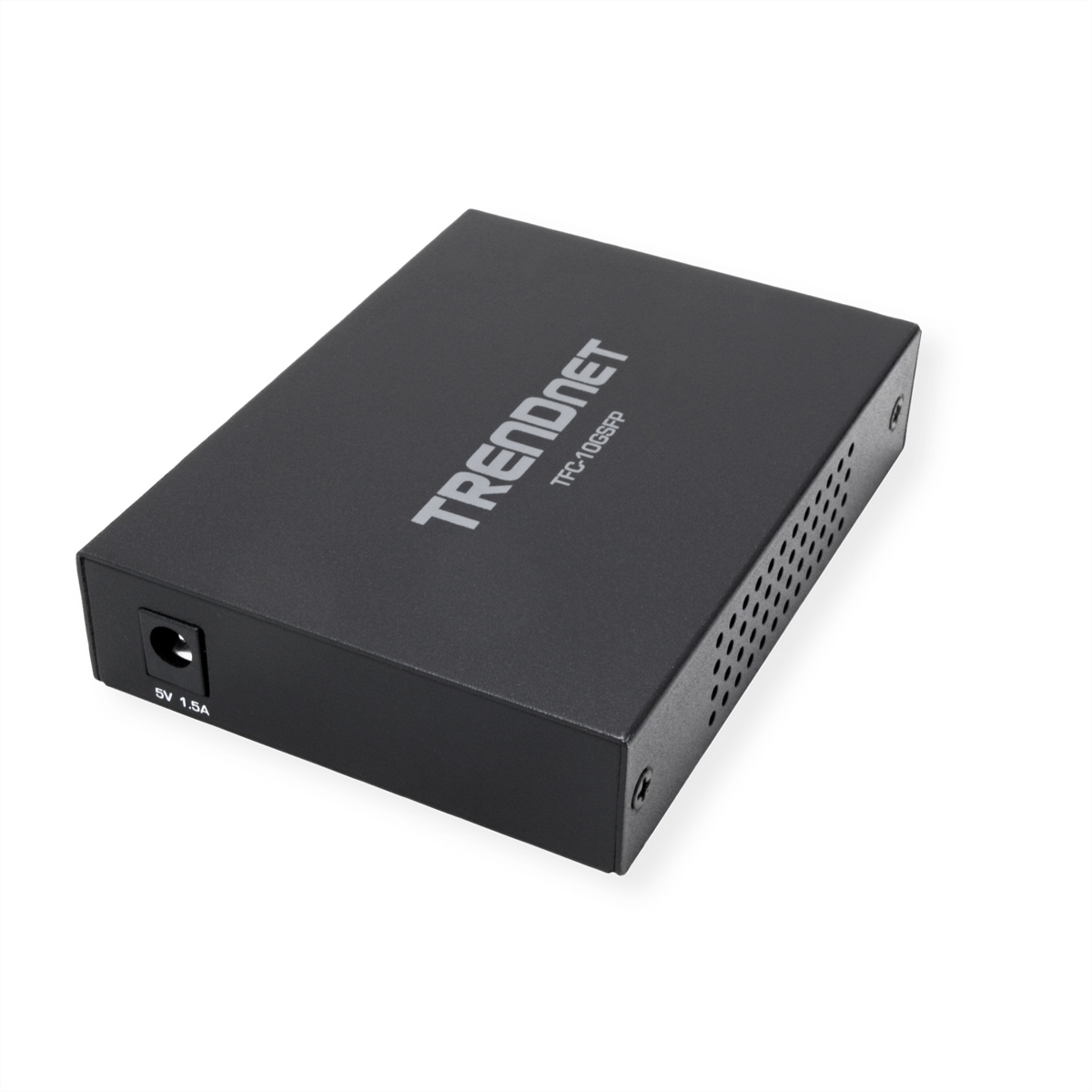 Un appareil réseau TRENDnet TFC-10GSFP noir avec une entrée d'alimentation.