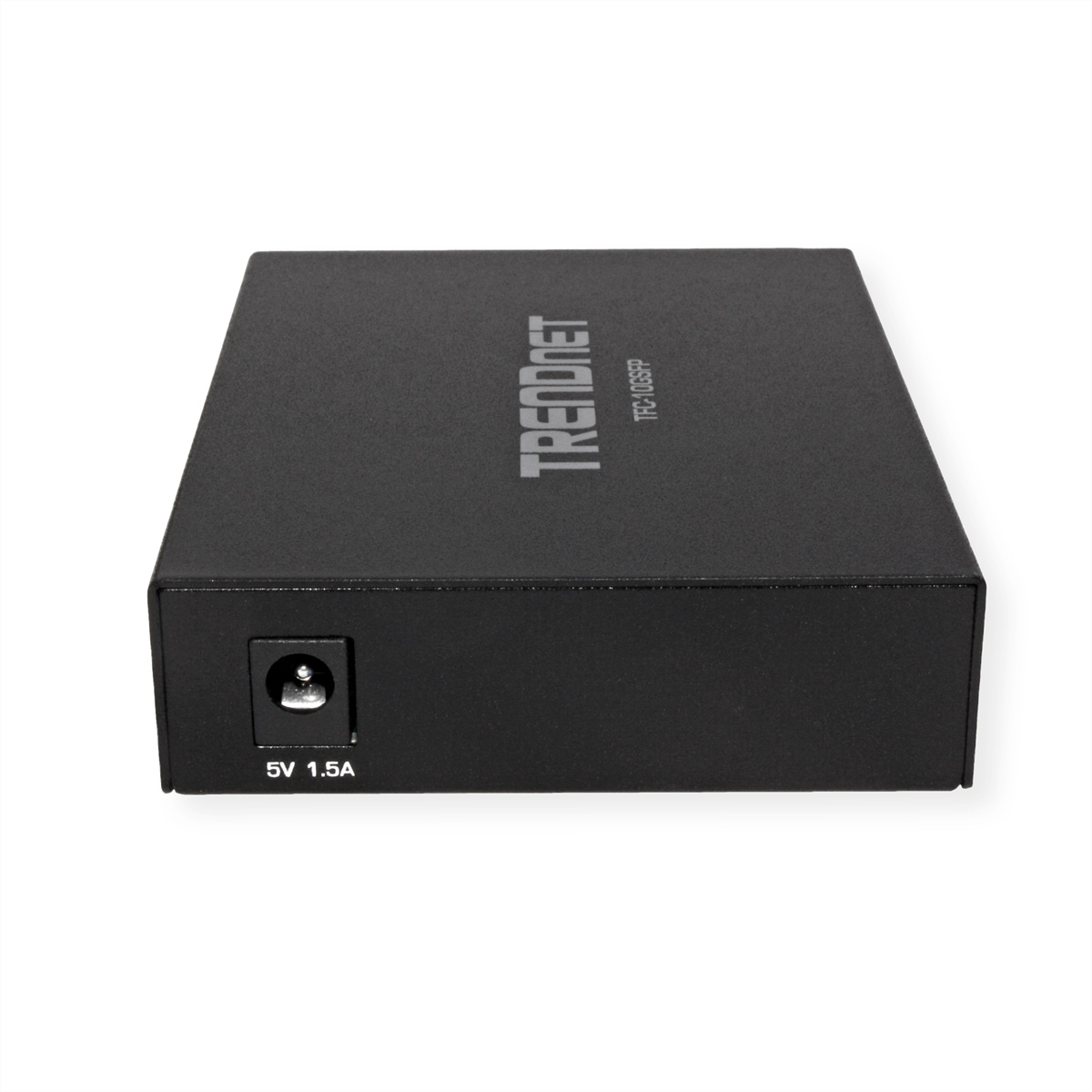Appareil réseau TRENDnet noir. Il a un port d'alimentation et le texte "TFC-10GSFP".