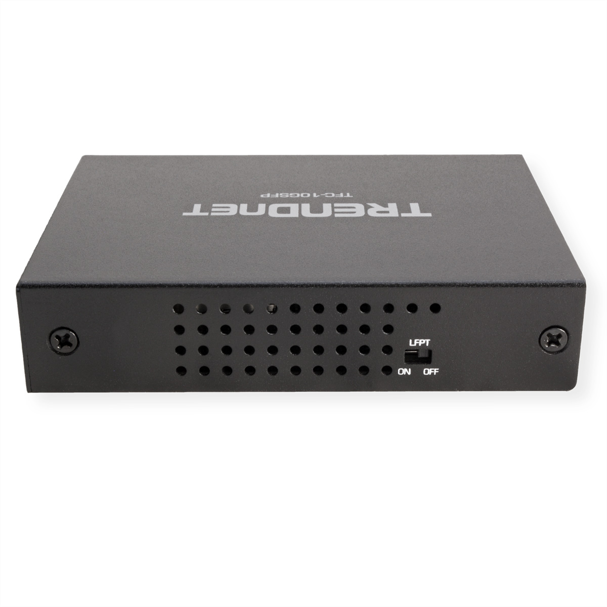 Appareil réseau TRENDnet TFC-10GSFP noir avec boutons d'alimentation et ports.