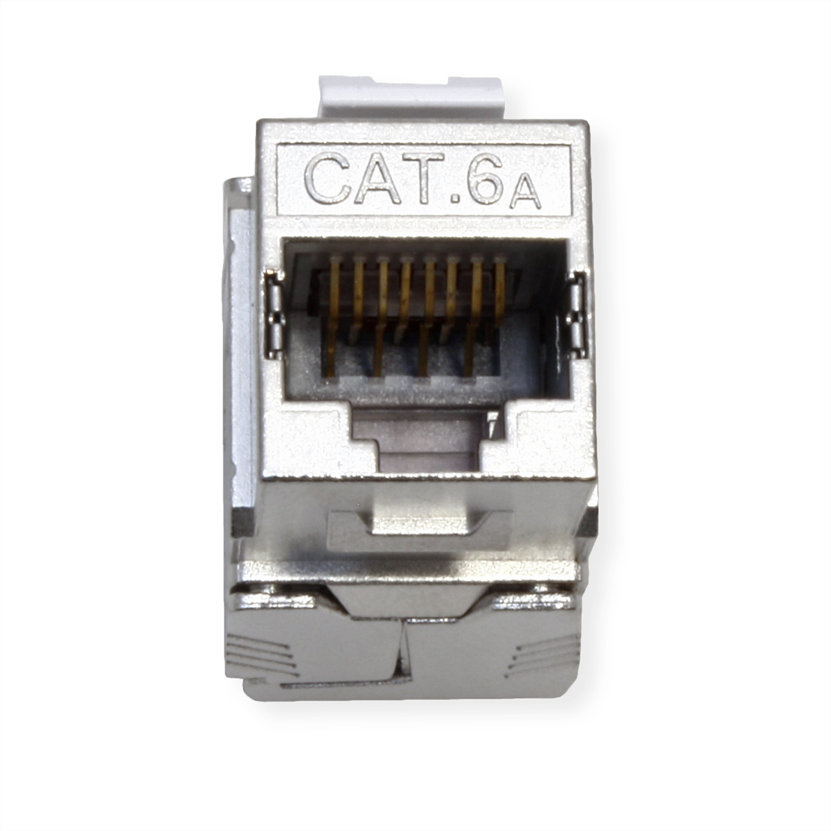 Nahaufnahme eines silberfarbenen CAT.6A RJ45-Anschlusses. Er ist rechteckig, mit kleinen goldfarbenen Steckern im Inneren.
