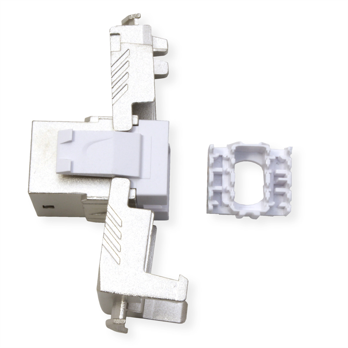 Elektrische Komponente mit weißem Stecker und Metallhalterungen.