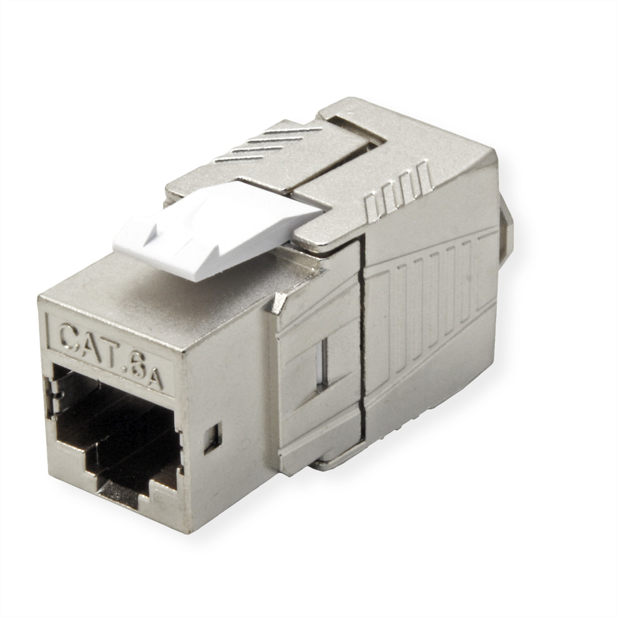 Silberner CAT 6A-Stecker. Weißer Kunststoffeinsatz. Der Stecker ist ein Netzwerk-Bauteil.