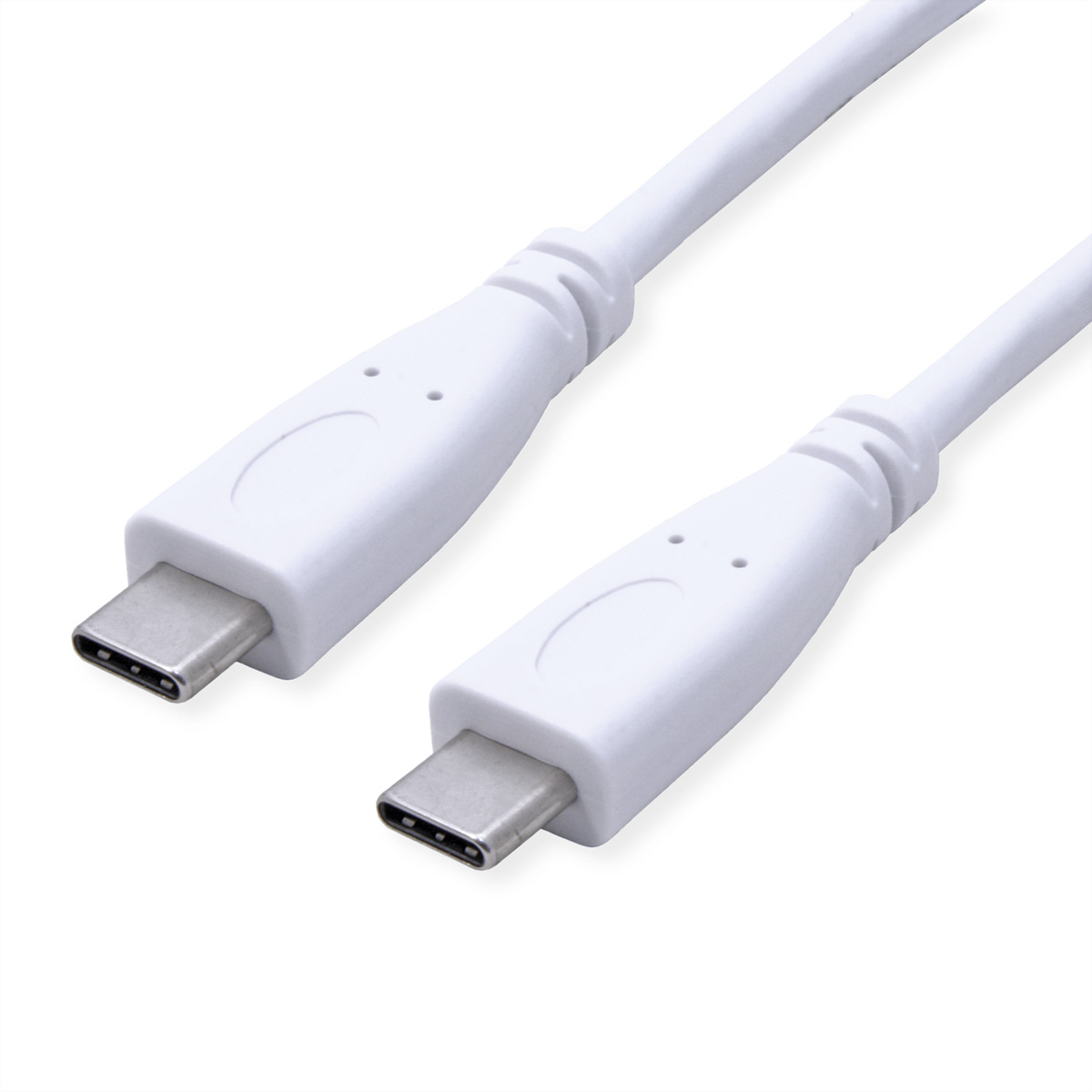 Witte USB-C-kabel met twee USB-C-connectoren, op een witte achtergrond.