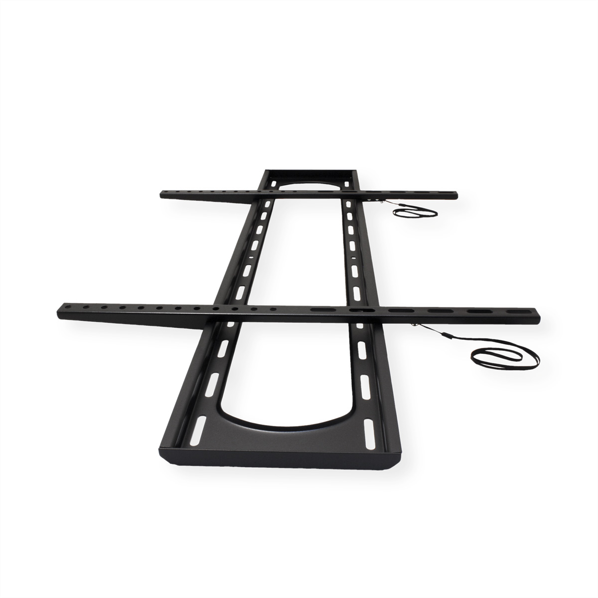Zwarte metalen tv-montagebeugel met twee steunarmen en riemen, op een witte achtergrond.