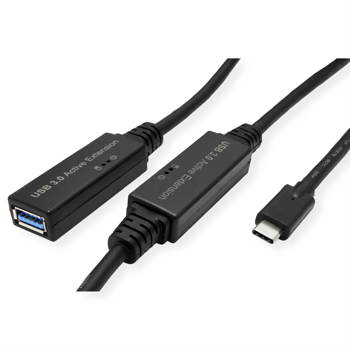 Trois câbles USB noirs avec connecteurs. L'un est une extension active USB 3.0.