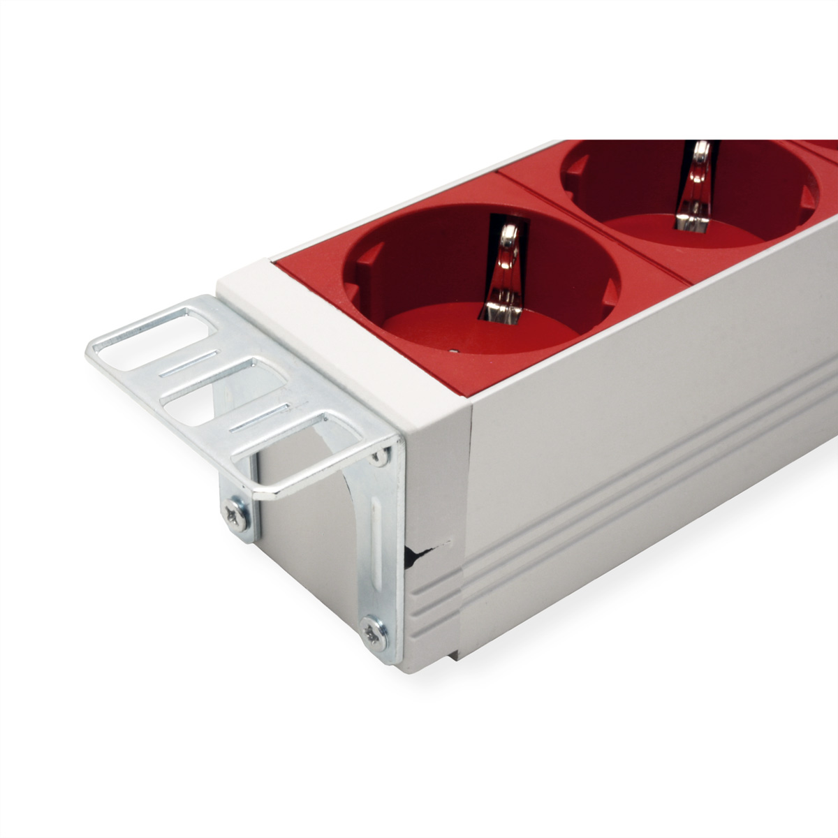 Zbliżenie listwy zasilającej z czerwonymi gniazdami i srebrnym wspornikiem montażowym.