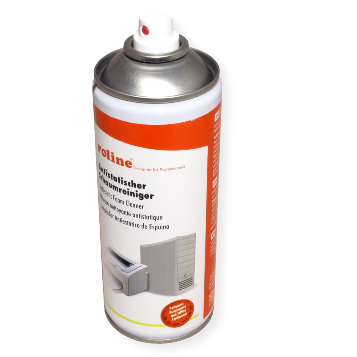 Puszka sprayu czyszczącego pianką antystatyczną Roline. Białe tło. Tekst na puszce.
