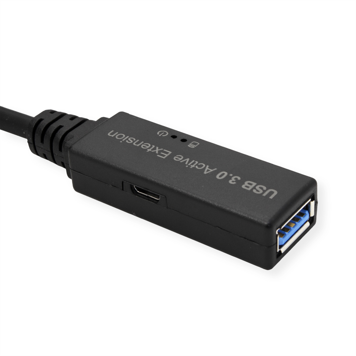 Un câble d'extension actif USB 3.0 noir est montré sur un fond blanc.