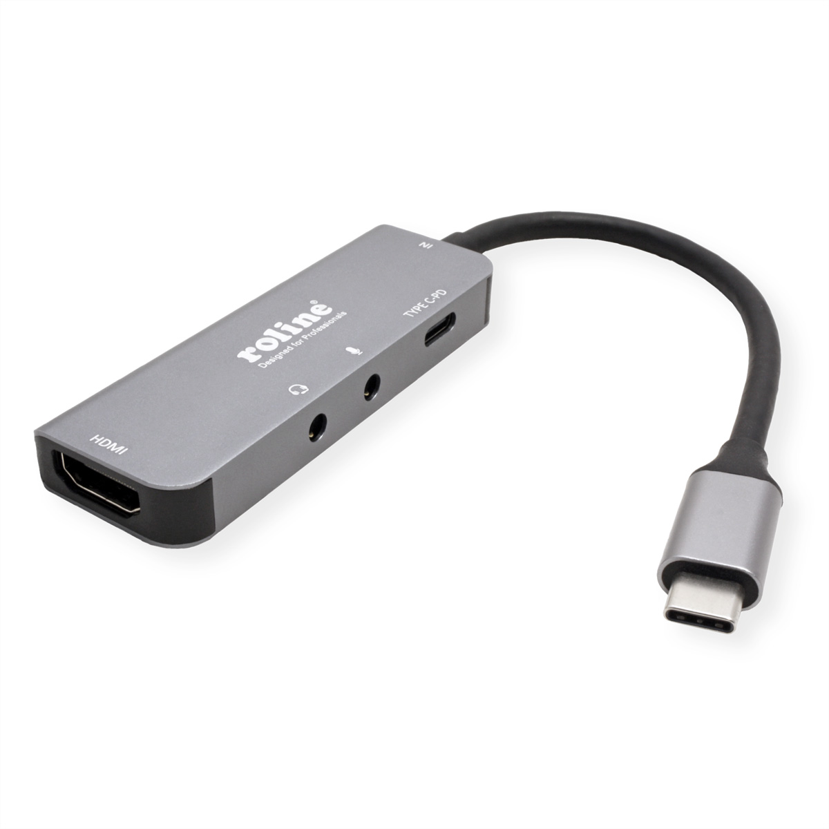 Un adaptateur Roline gris avec plusieurs ports et un câble noir avec un connecteur USB-C.