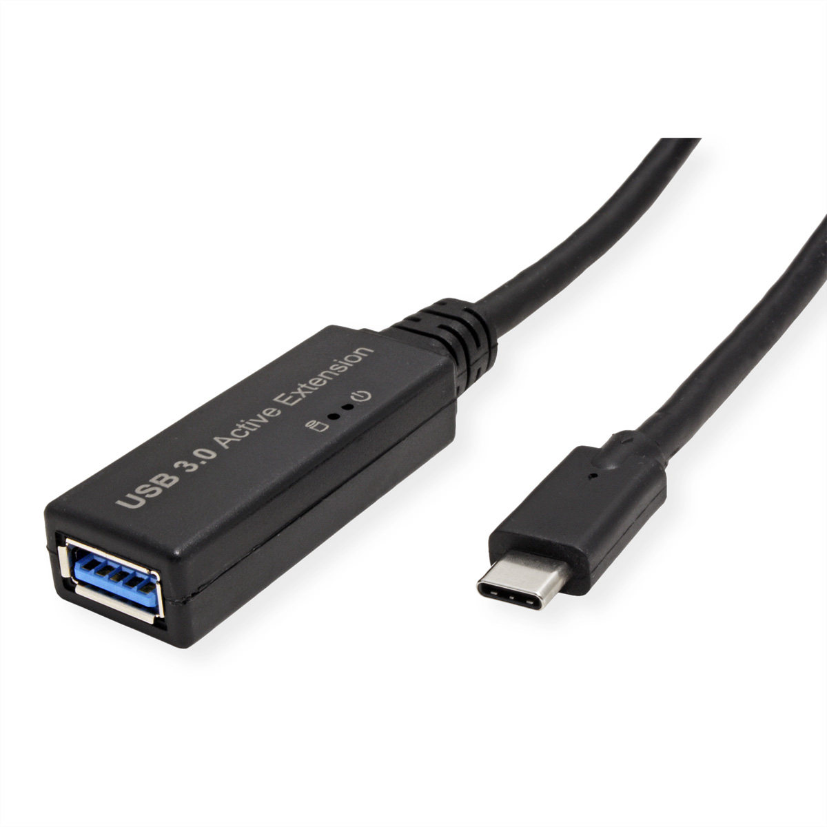 Câble d'extension active USB 3.0 noir avec connecteurs USB-A et USB-C, placé sur une surface blanche.
