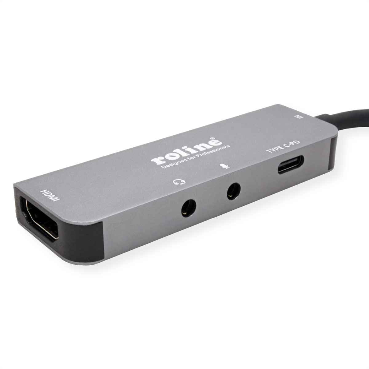 Adaptateur gris argenté avec ports HDMI, casque et USB-C. Il a un câble noir. Fond blanc.