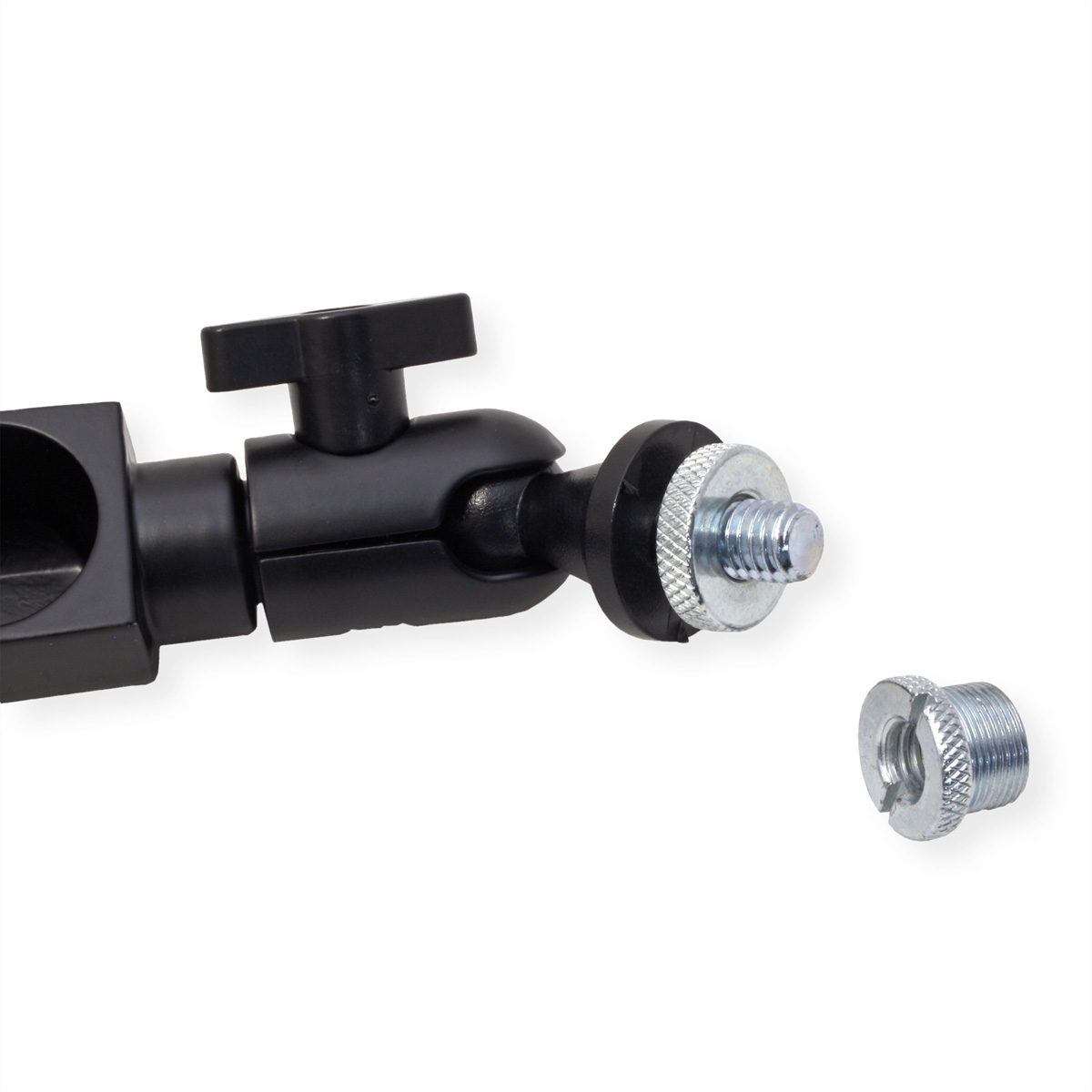 Support de microphone noir avec vis et écrou, gros plan sur fond blanc.