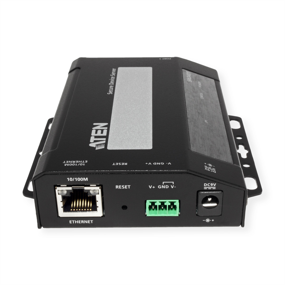 Appareil électronique noir avec connexions Ethernet et alimentation, étiqueté 'Secure Device Server' avec le logo ATEN.