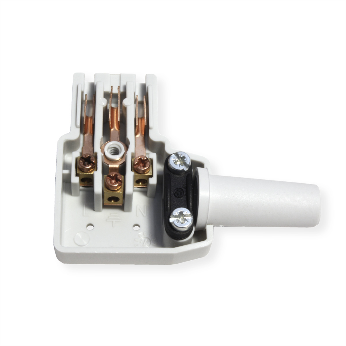 Ein weißer und grauer elektrischer Stecker mit mehreren Stiften. Es befindet sich auf einer weißen Oberfläche.