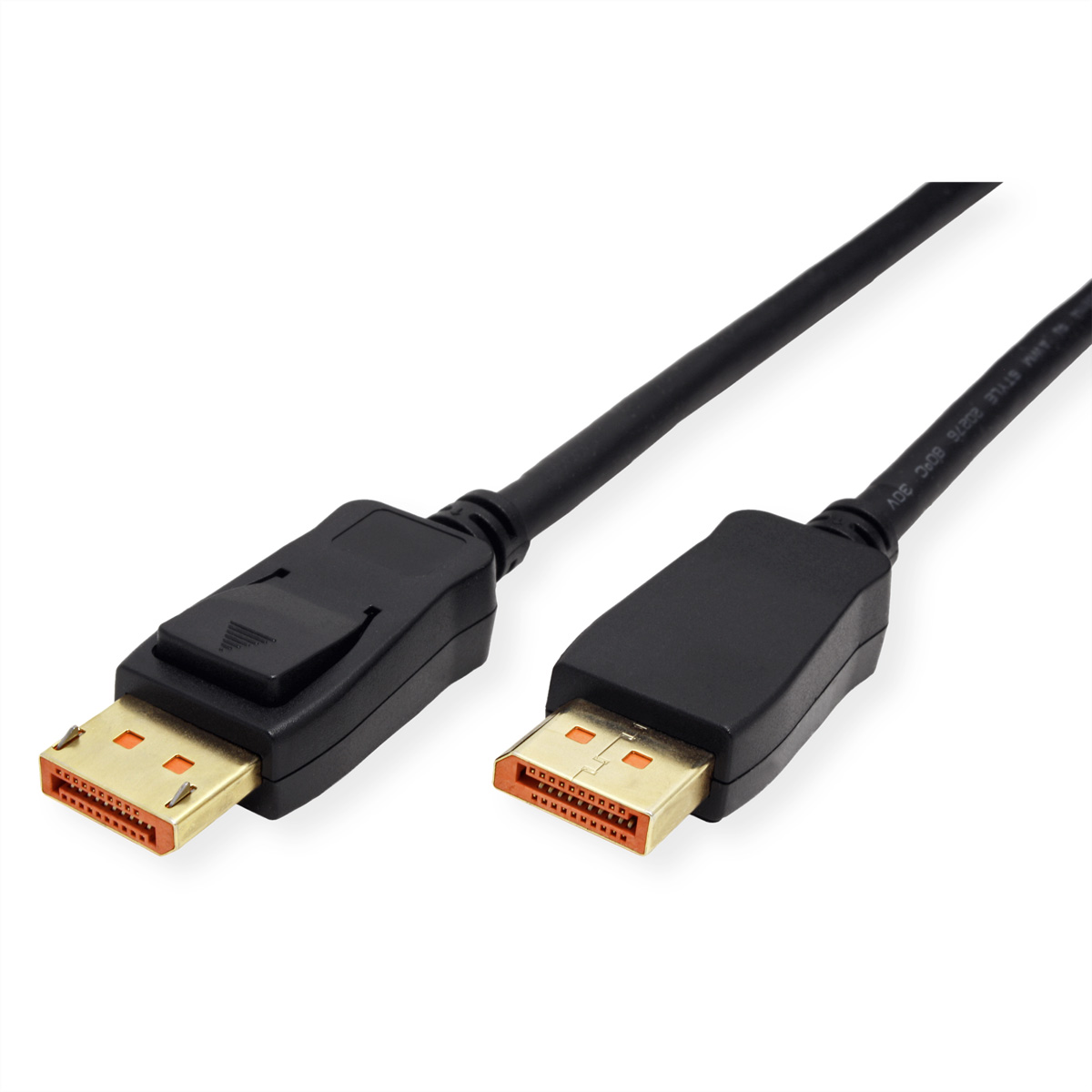Câble DisplayPort noir. Montre les connecteurs à chaque extrémité. Les connecteurs dorés sont visibles.