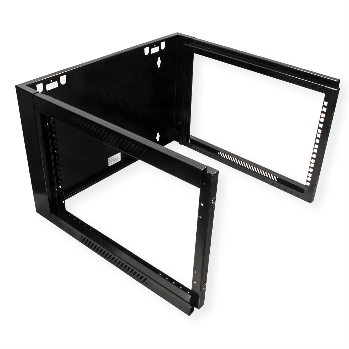 Armadio rack in metallo nero, aperto, con due lati visibili. Guide rack perforate.