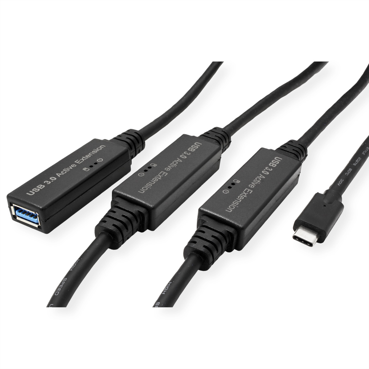 Trois câbles d'extension active USB 3.0 noirs avec connecteurs USB et USB-C.