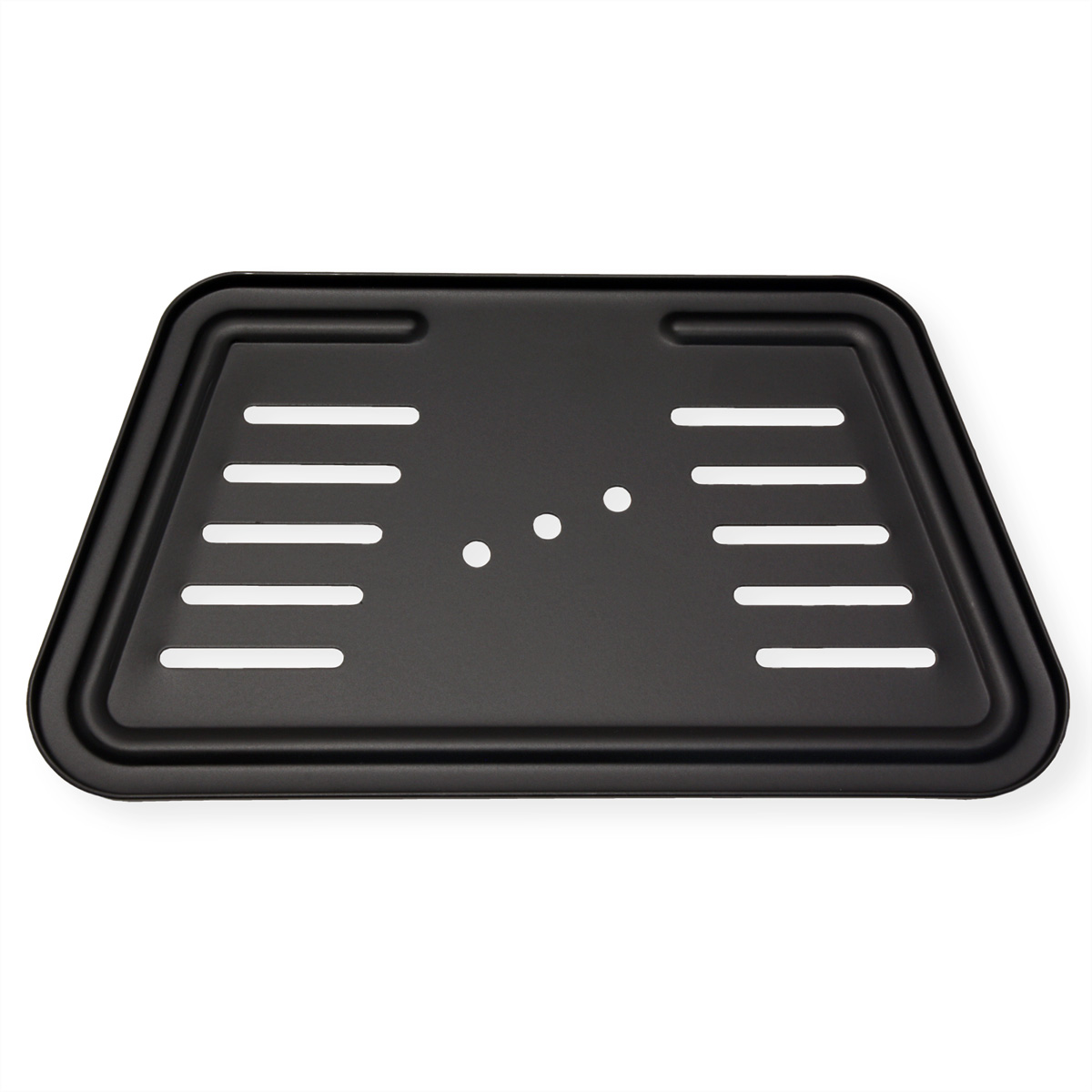 Schwarzes Tablett mit Aussparungen, weißer Hintergrund.