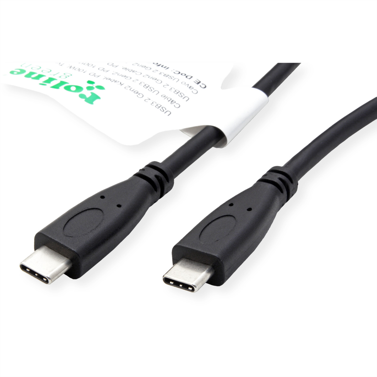 Schwarze USB-C-Kabel mit Steckern an beiden Enden. Die Kabel sind mit Informationen beschriftet.