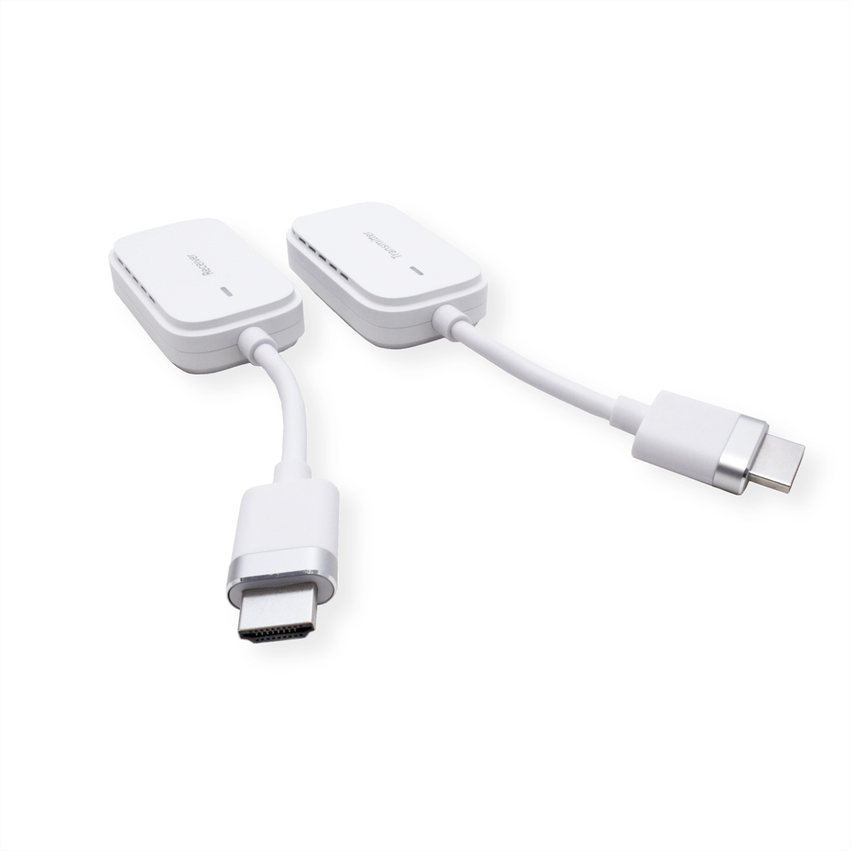 Zwei weiße HDMI-Adapter mit weißem Kabel. Sie befinden sich auf weißem Hintergrund. Sie haben einen USB-C-Anschluss.