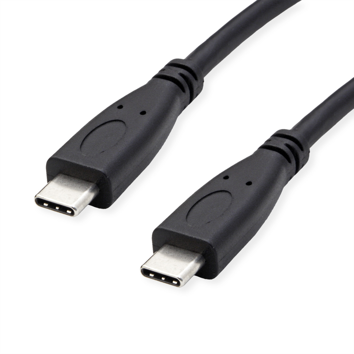 Twee zwarte USB-C-kabels zijn te zien, elk met connectoren aan de uiteinden. Ze liggen op een wit oppervlak.