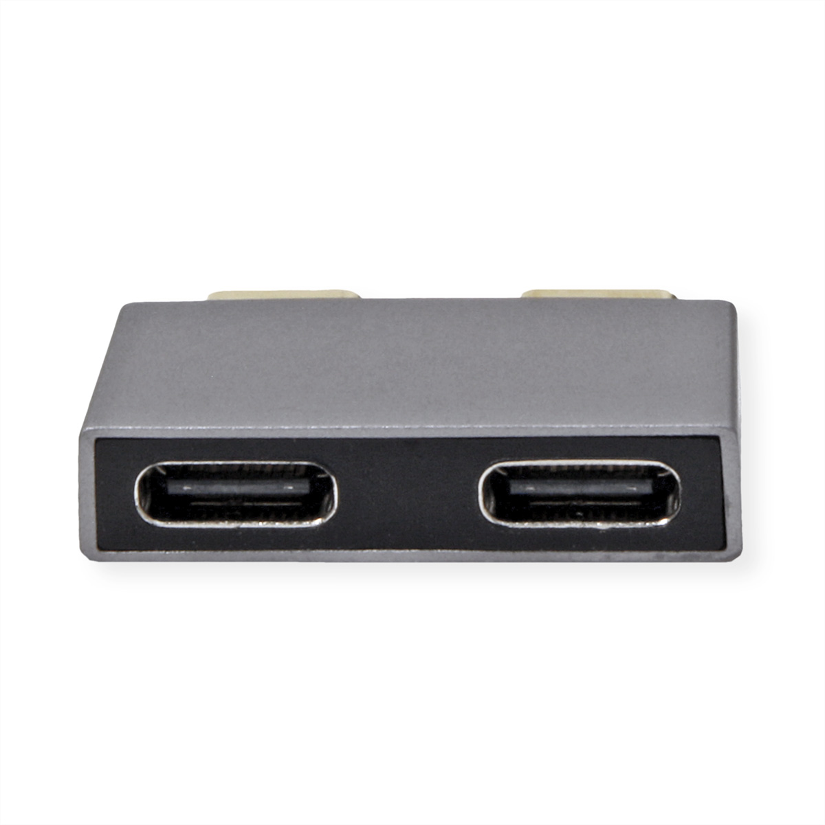 Un hub USB-C gris avec deux ports USB-C sur fond blanc.
