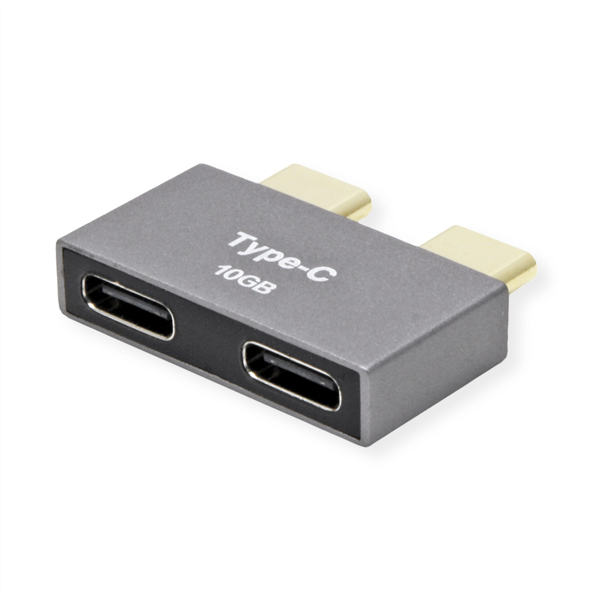 Adaptateur Type-C gris avec deux ports étiquetés Type-C 10GB.
