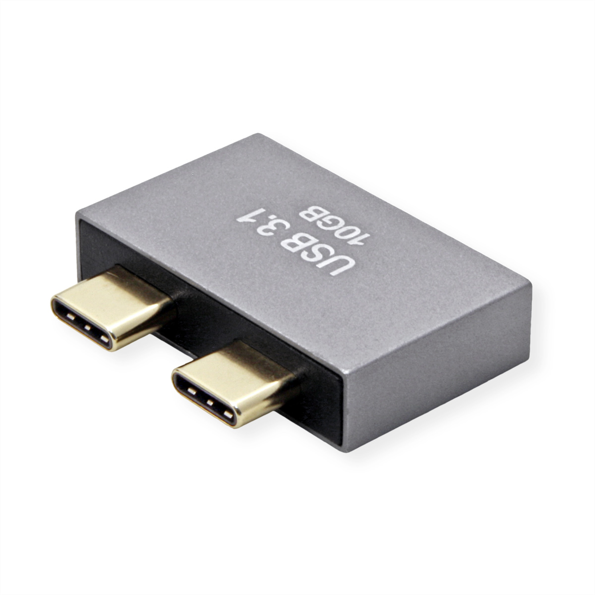 Adaptateur USB 3.1 argenté avec deux ports USB-C, 10 Go, sur fond blanc.