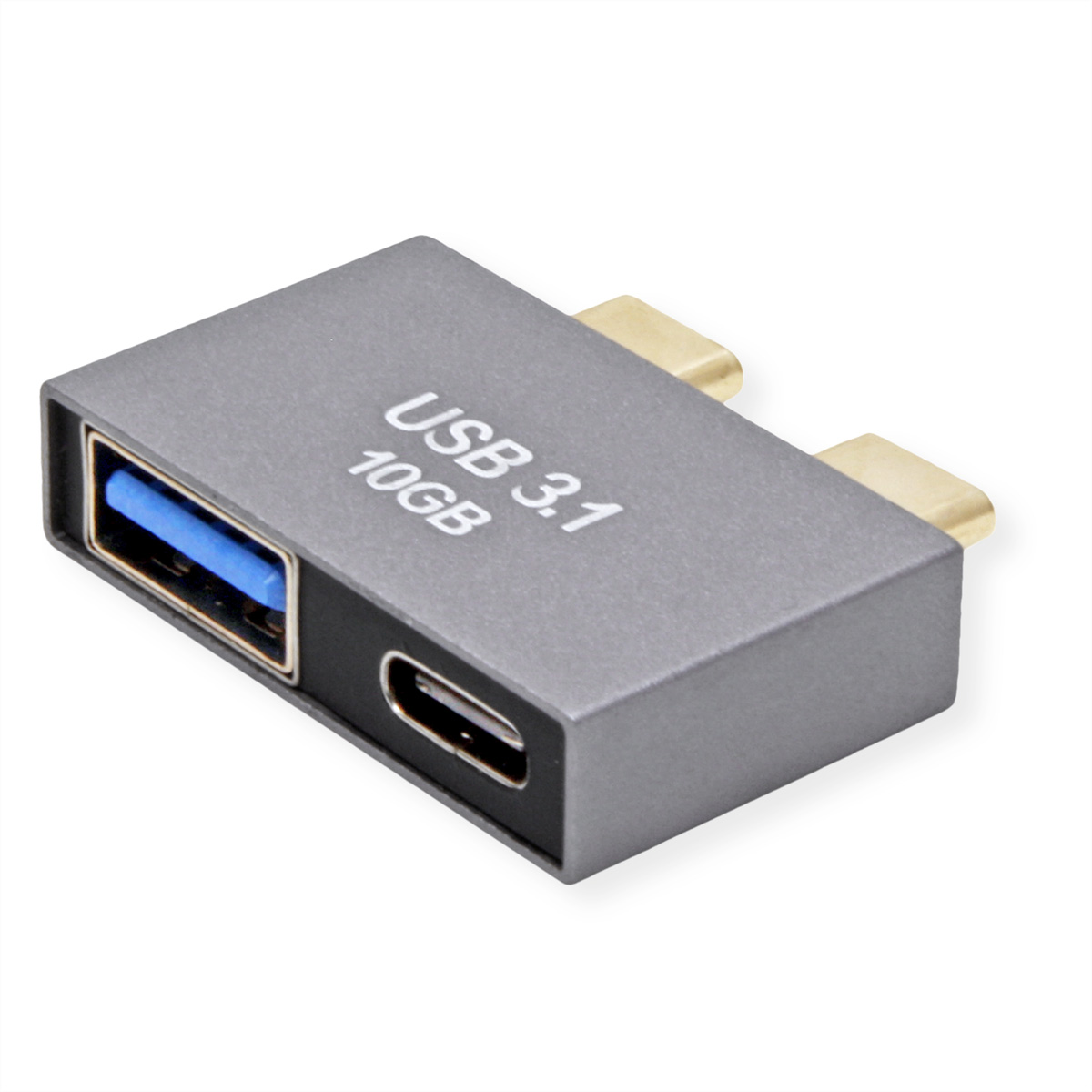Adaptateur USB 3.1 gris avec ports USB-A, USB-C et HDMI.