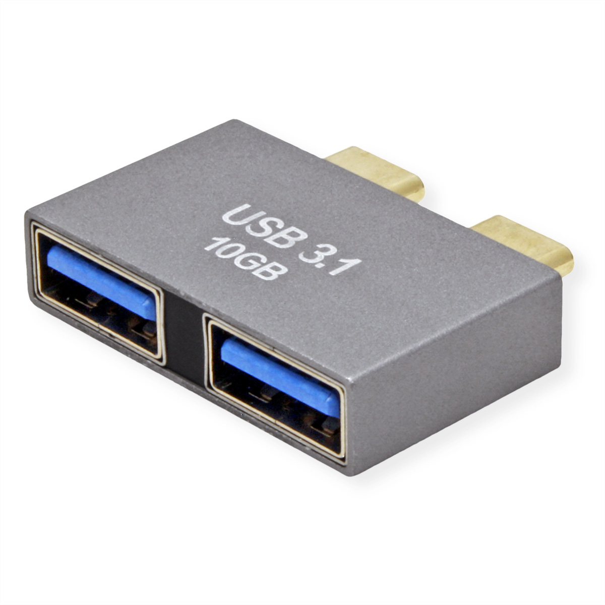 Un adaptateur USB 3.1 10 Go. Il est gris avec des ports USB bleus.