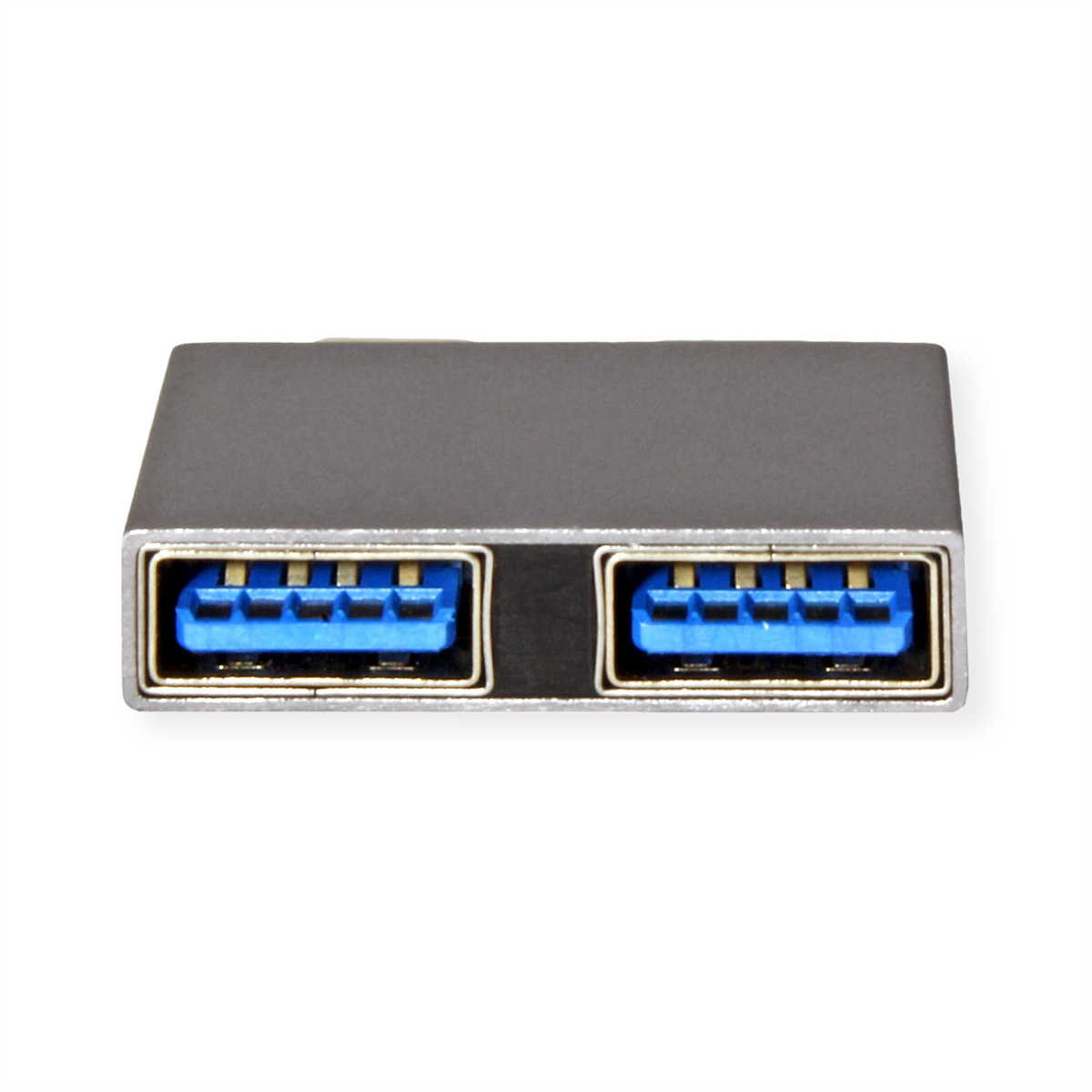 Hub USB argenté avec deux ports USB bleus sur fond blanc.