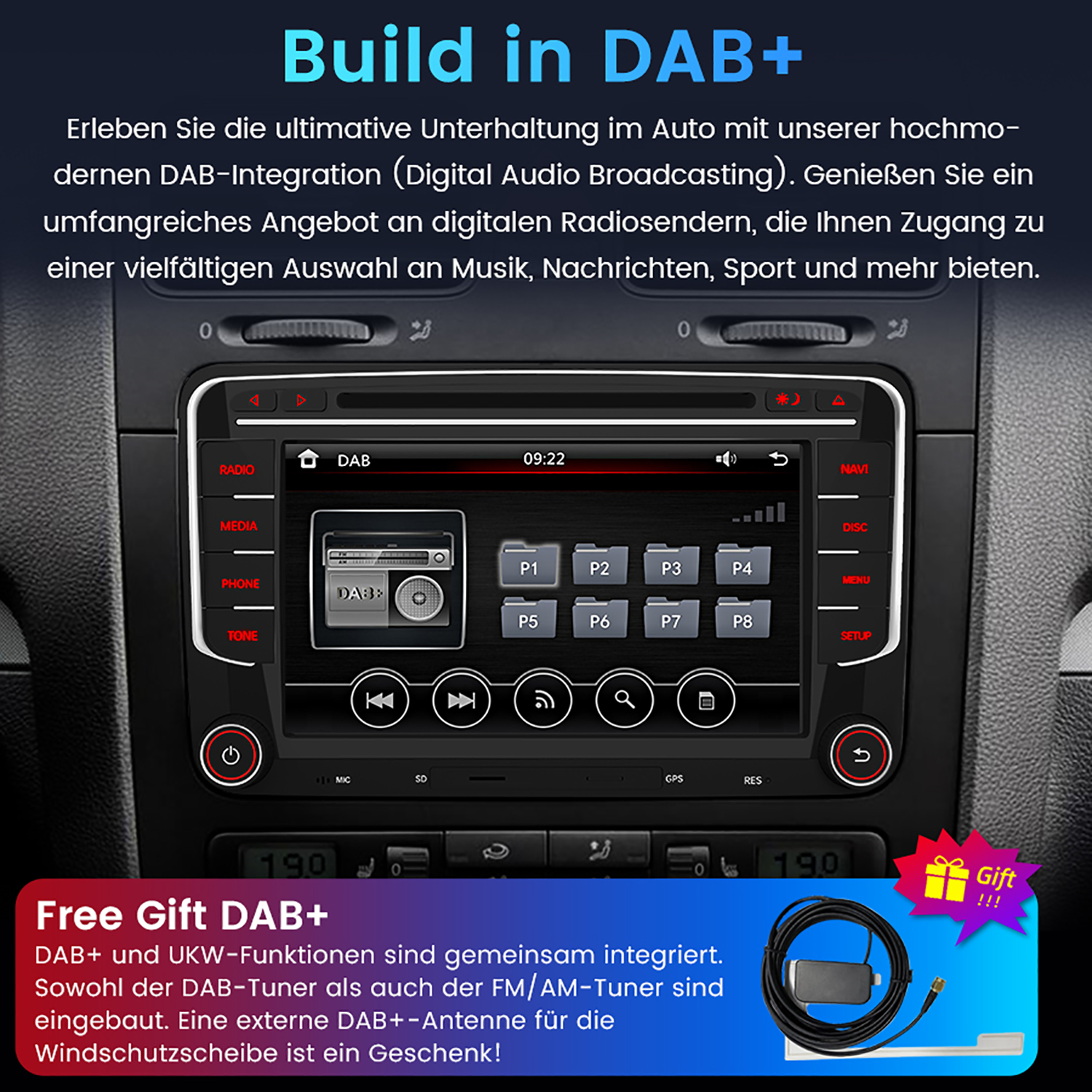 Autoradio-Display mit Tasten. Zeigt DAB-Radiooptionen mit Text und einem Geschenk-Symbol an.