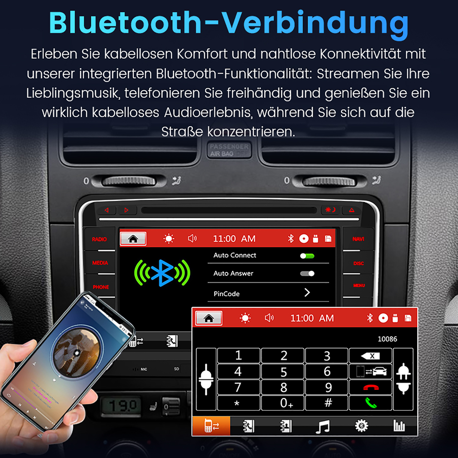 Auto-Armaturenbrett mit Bluetooth-Verbindungsanzeige. Hand hält Telefon mit Musiksteuerung.