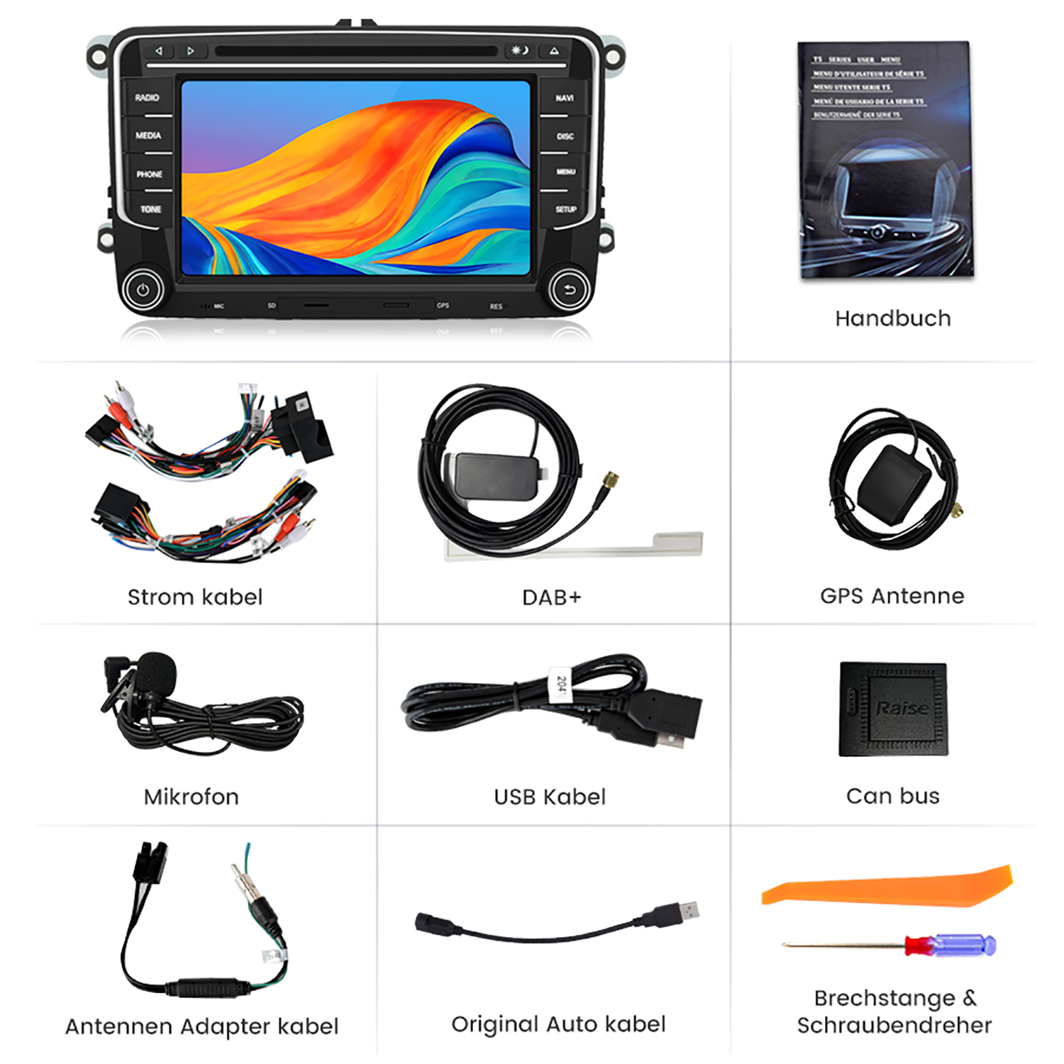 Autoradio-Komponenten: Bildschirm, Kabel, Antenne, Mikrofon, USB, Can-Bus und mehr.