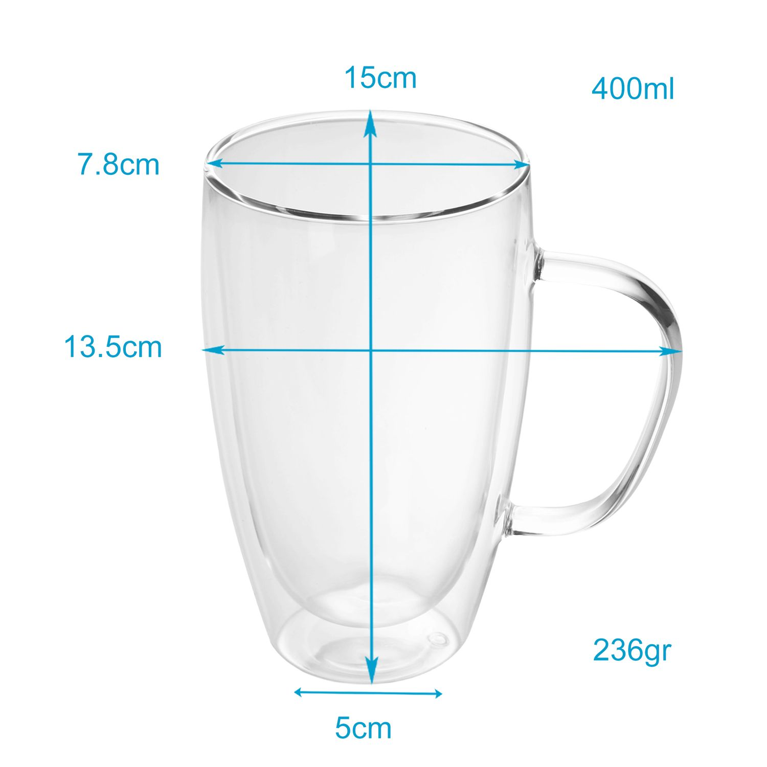 Ein durchsichtiger Glasbecher mit Maßangaben: 15 cm Breite, 13,5 cm Höhe, 7,8 cm oben, 5 cm unten, 400 ml, 236 g.