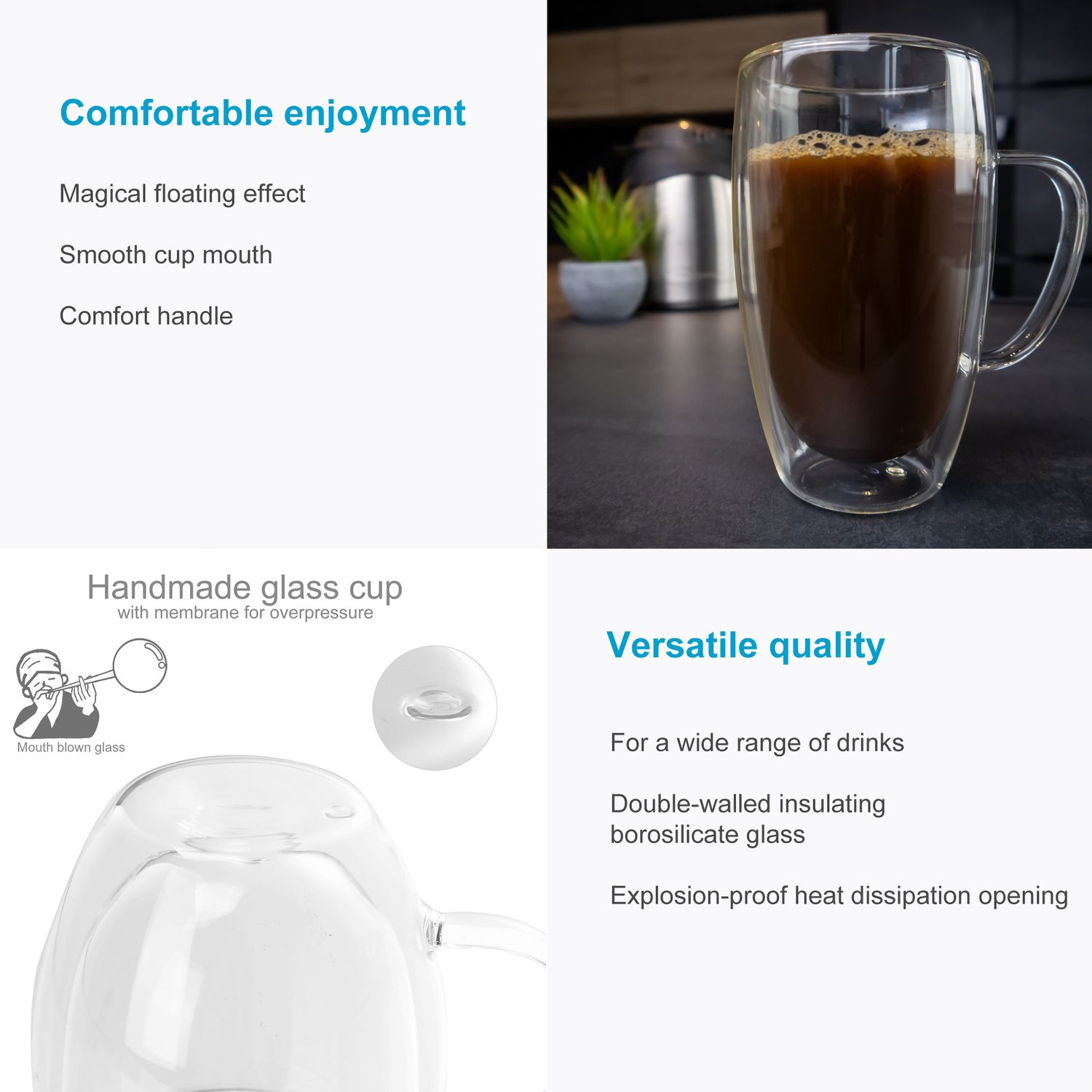 Ein Glasbecher mit Kaffee und Informationen über die Eigenschaften des Bechers.