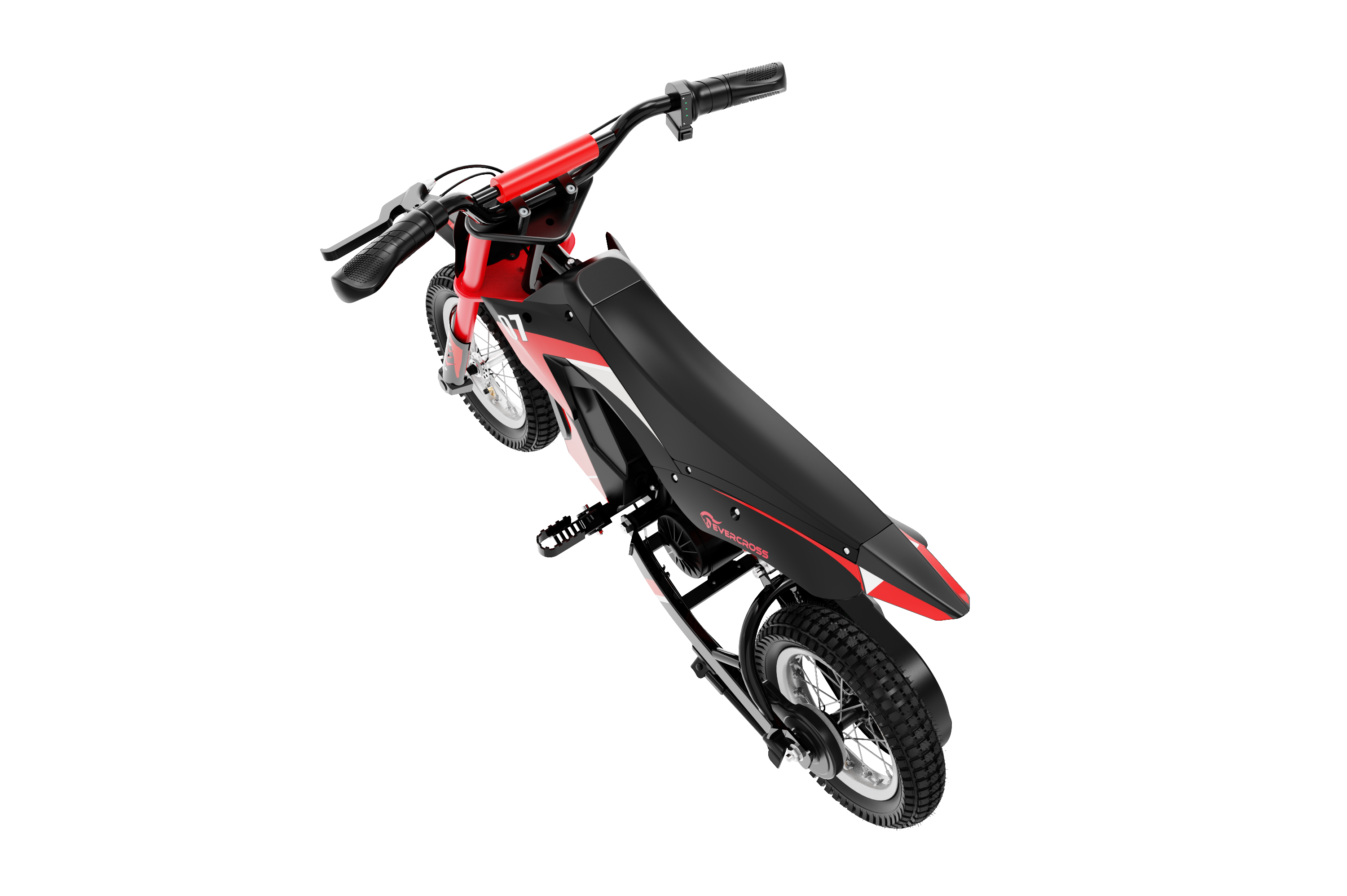 Rotes und schwarzes Elektro-Dirtbike, von oben betrachtet, vor schwarzem Hintergrund.