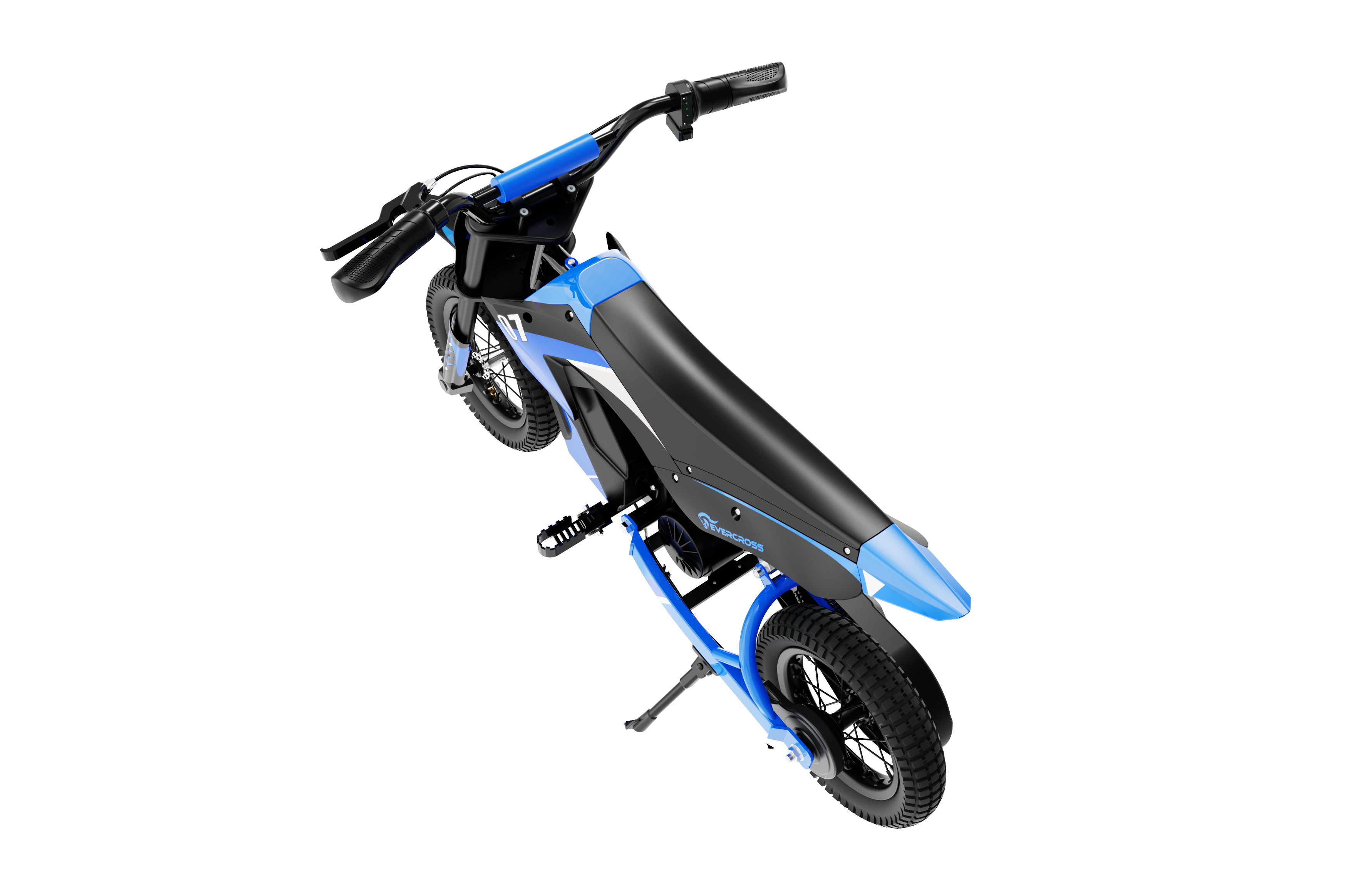 Ein blau-schwarzes Elektro-Dirtbike auf schwarzem Hintergrund, von oben betrachtet.
