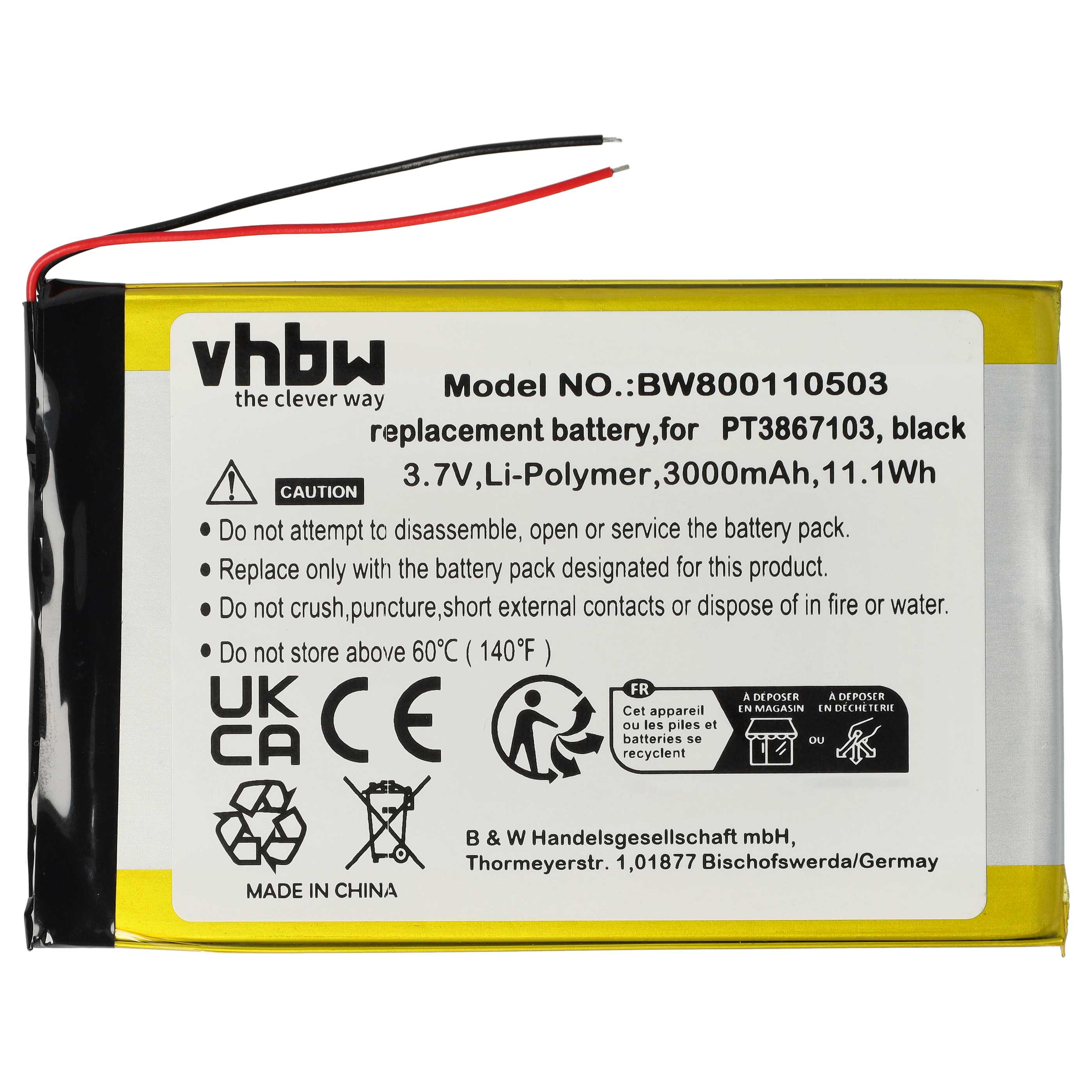 Gelb-schwarzer Batterieersatz mit Text und Warnungen. Weißer Hintergrund.