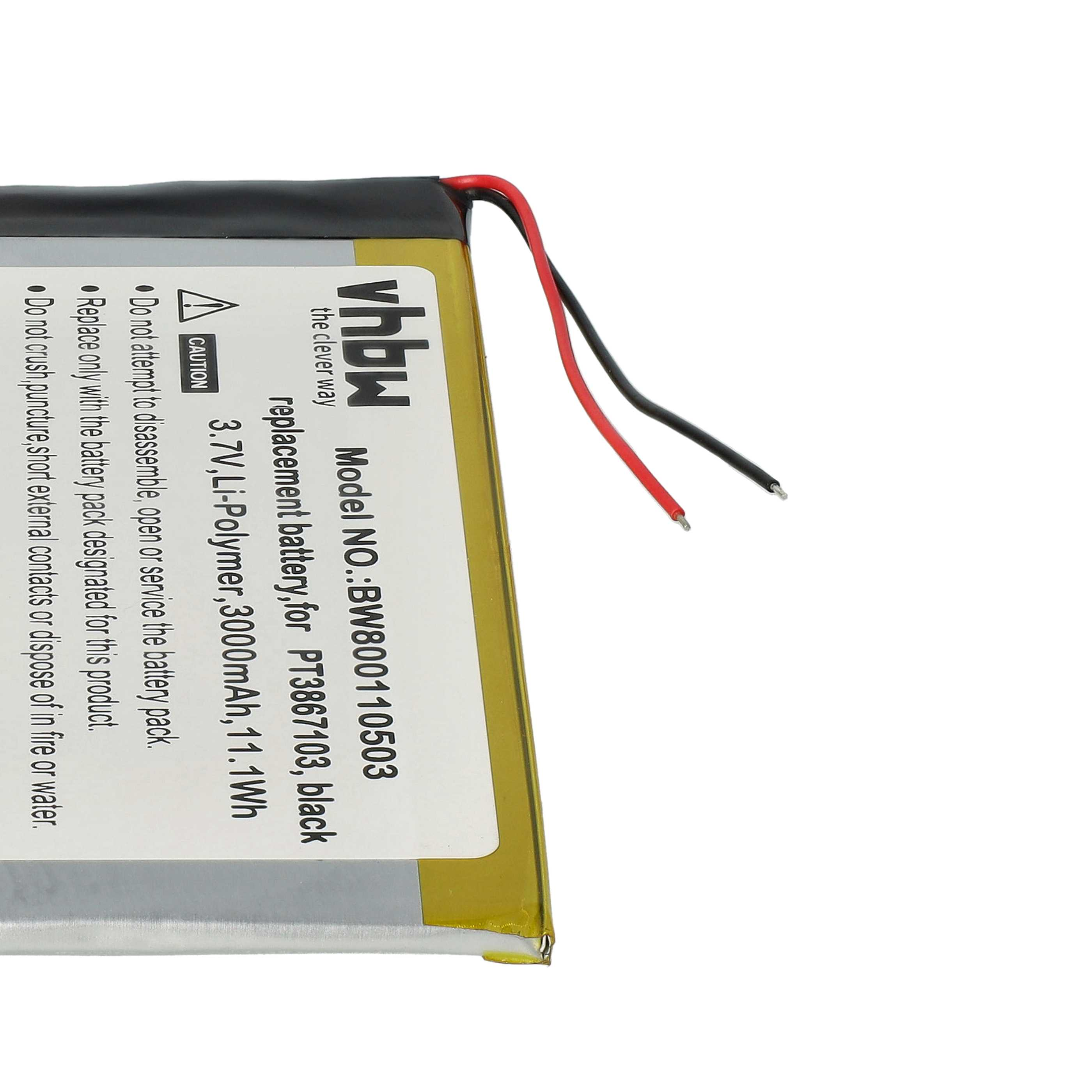 Eine Batterie mit roten und schwarzen Drähten und Warnhinweisen.