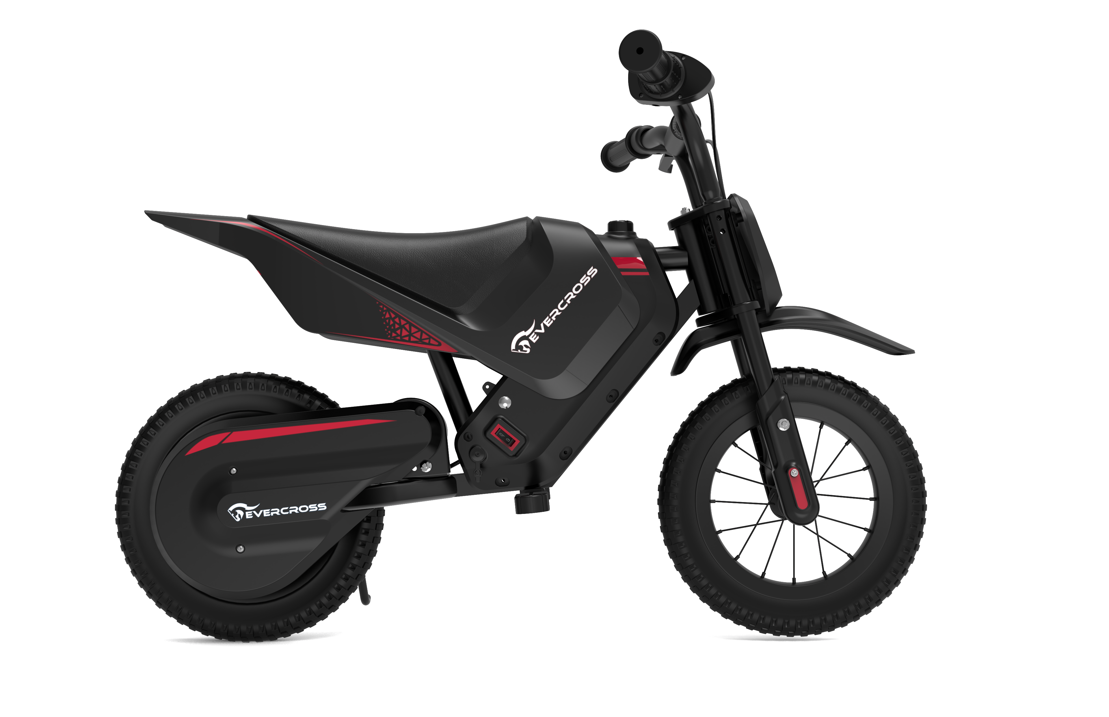 Czarny elektryczny motocykl terenowy Evercross z czerwonymi akcentami na białym tle.