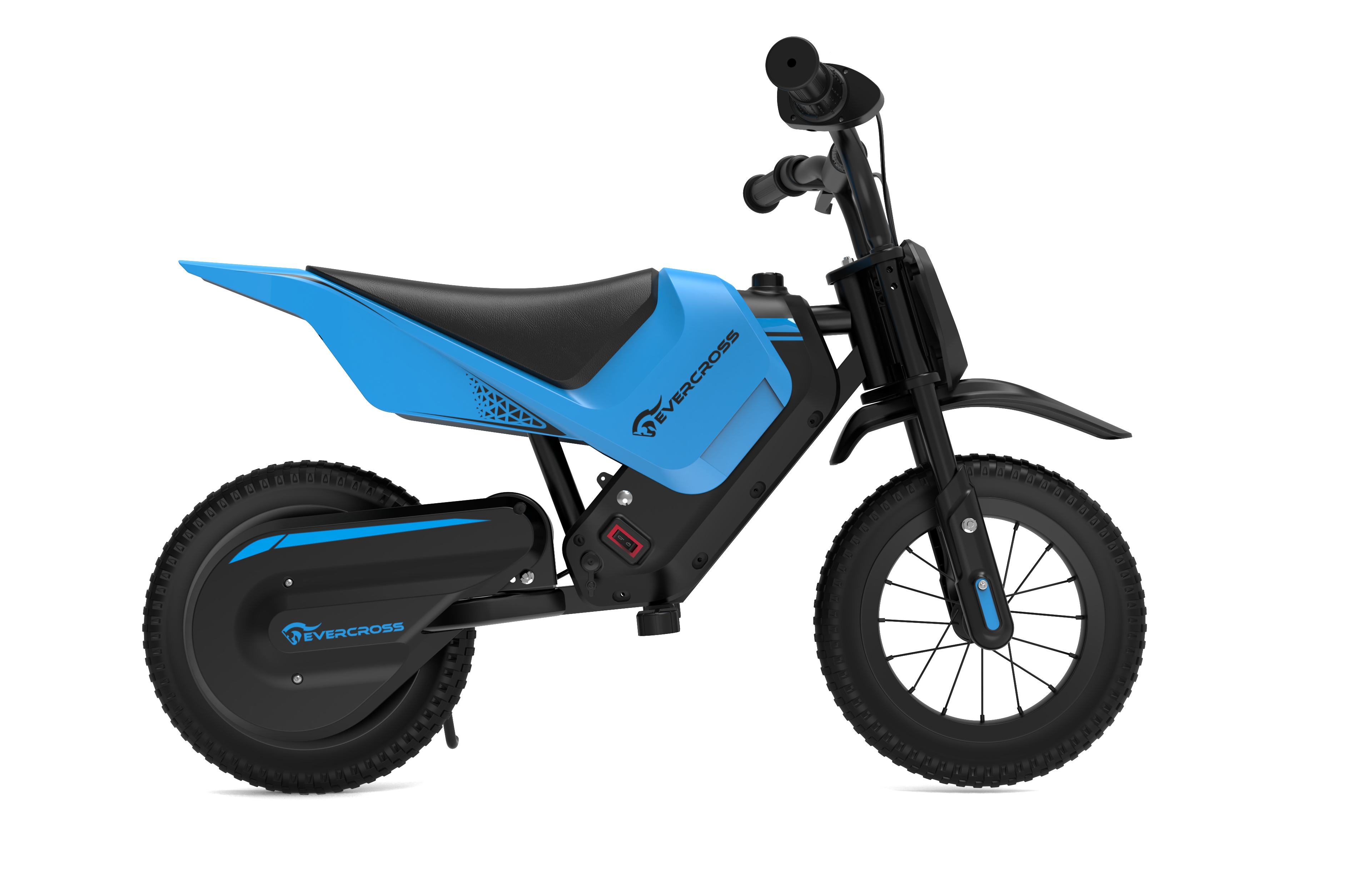 Niebiesko-czarny elektryczny motocykl terenowy na białym tle. Widok z boku.